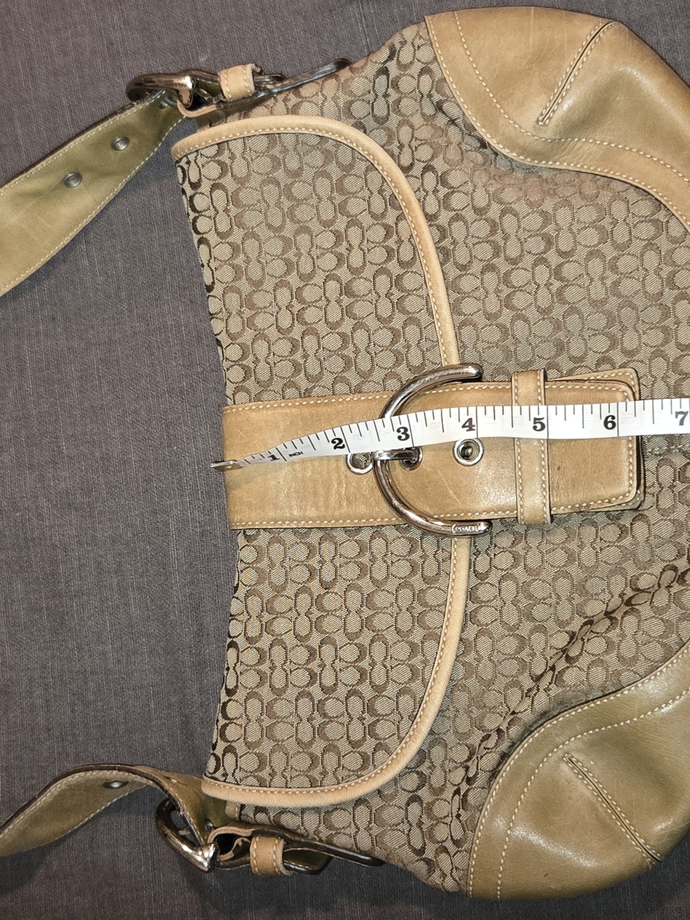 Coach Signature C Canvas Shoulder Bag Khaki Tan Leather Trim Flap Purse - Picture 8 of 10